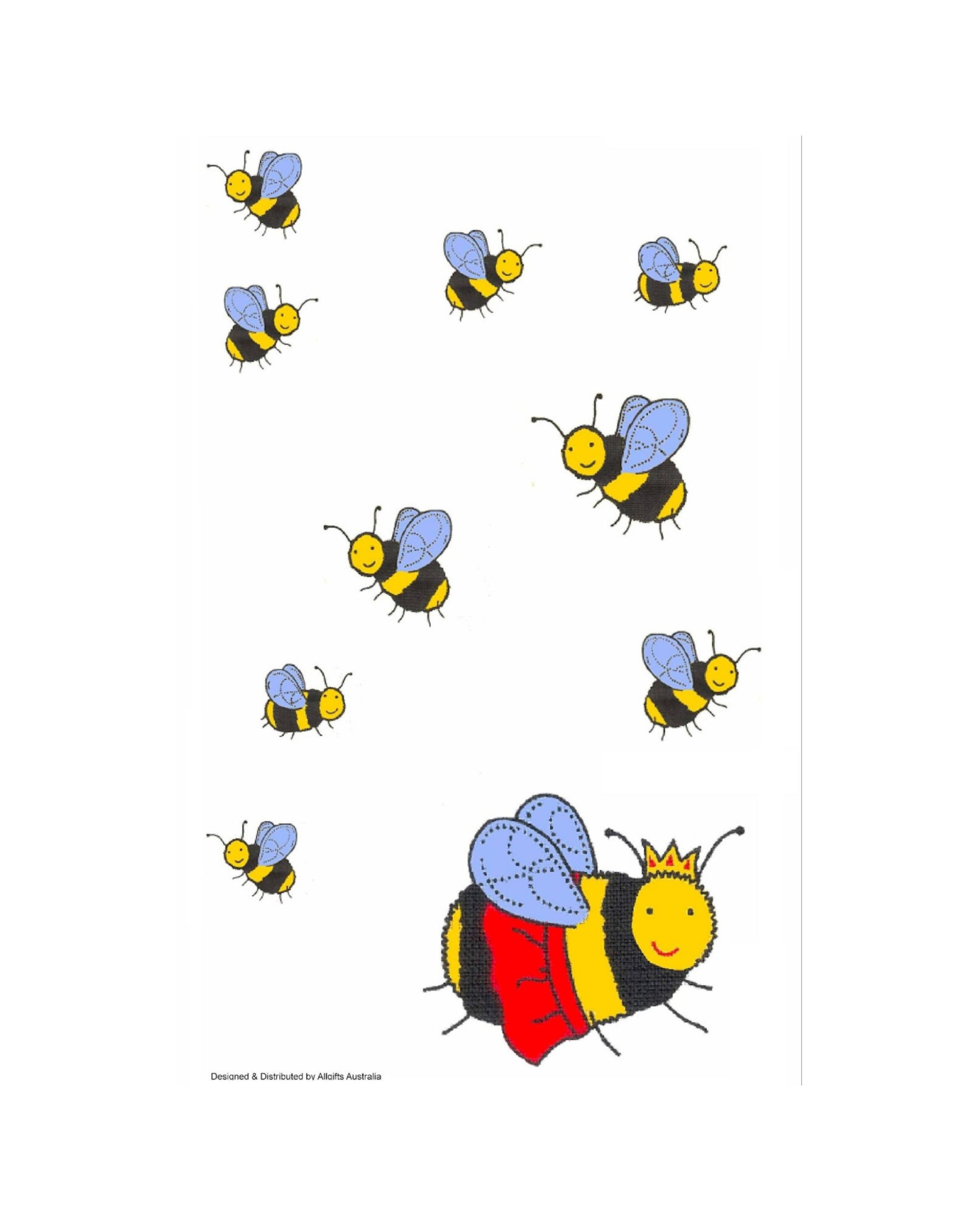 A decorative tea towels featuring cartoon bumblebees. The design includes multiple small bumblebees with blue wings and one larger, smiling bumblebee at the bottom right wearing a red cape and a small gold crown